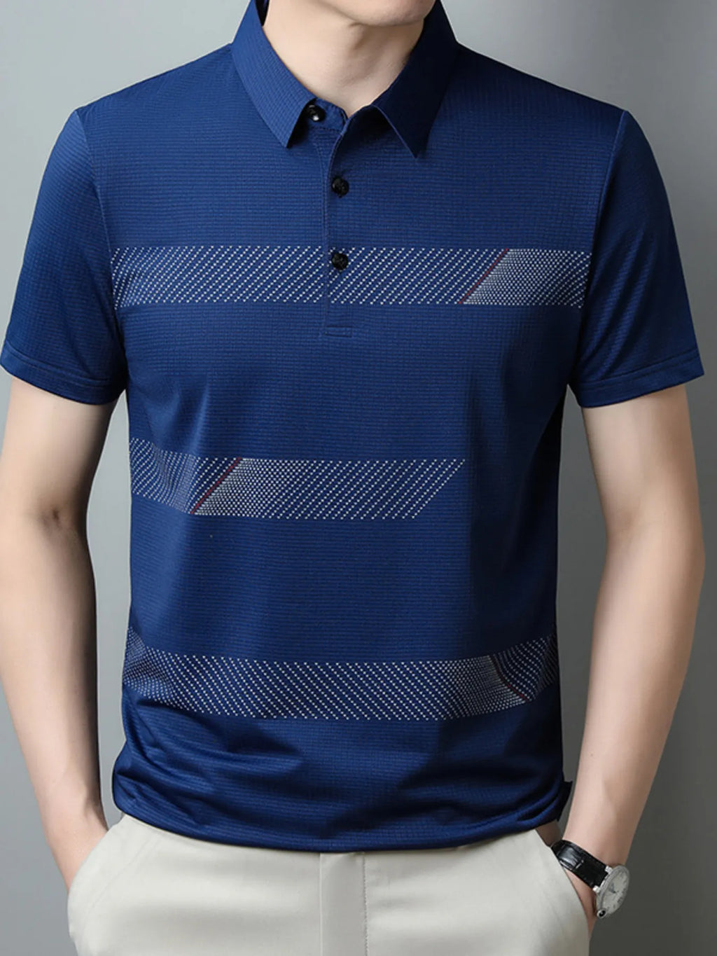 Men's Plus Size Striped Short Sleeve Casual Polo Shirt - Men's Polo shirt by Trendsi | Available at Handbags Specialist Headquarter