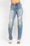 Judy Blue Full Size High Waist Distressed Dad Jean Plus Size - Women / Jeans & Denim by Trendsi | Available at Handbags Specialist Headquarter