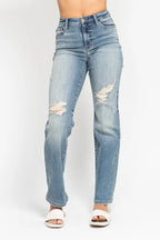 Judy Blue Full Size High Waist Distressed Dad Jean Plus Size - Women / Jeans & Denim by Trendsi | Available at Handbags Specialist Headquarter