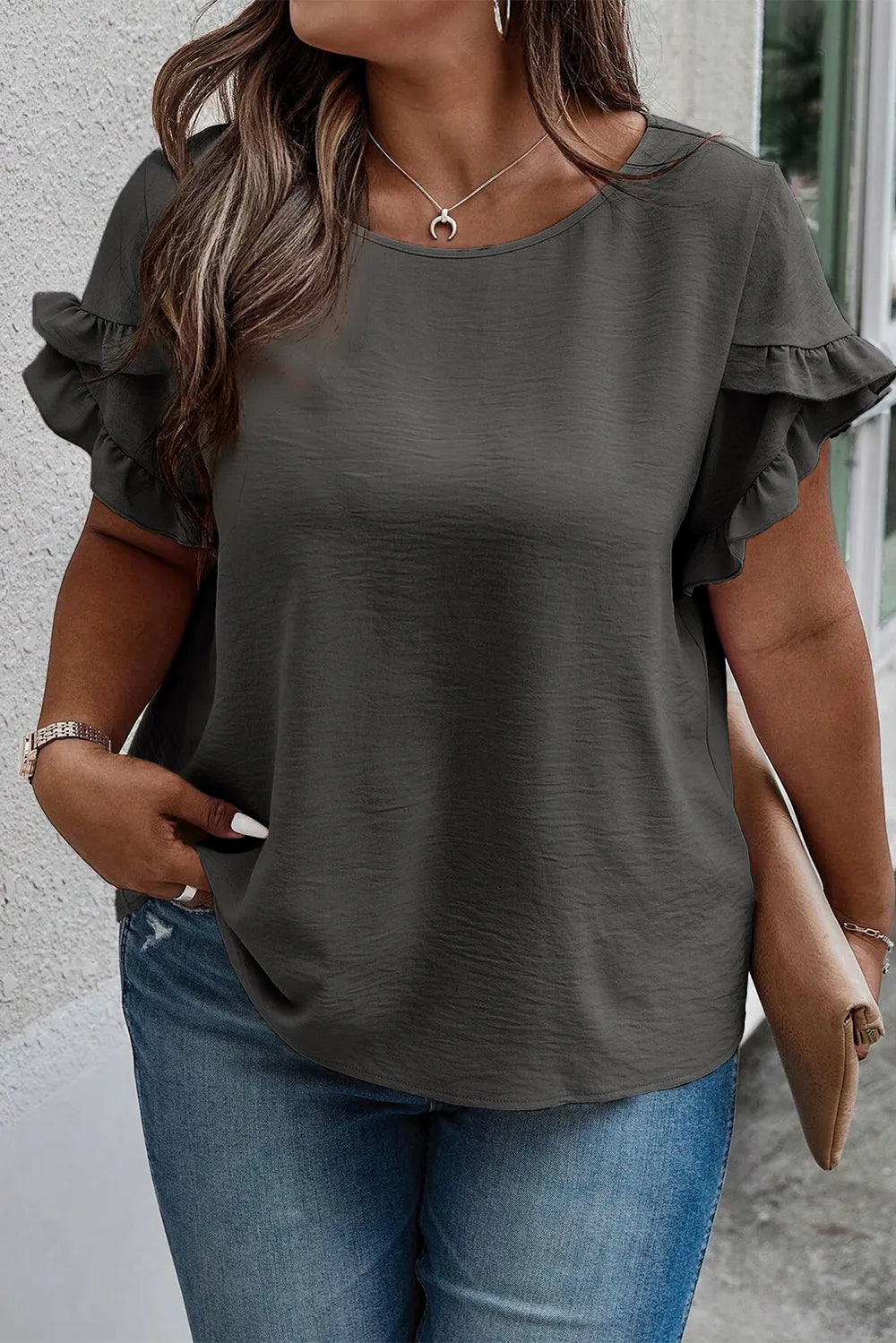 Plus Size Ruffled Round Neck Short Sleeve Blouse - Plus Size Shirts by Trendsi | Available at Handbags Specialist Headquarter