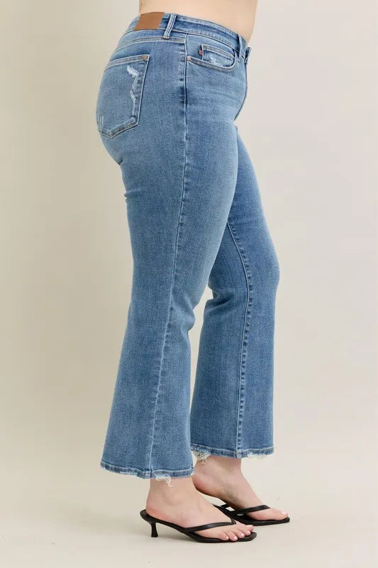 Judy Blue Full Size Mid Rise Wash Destroy Hem Bootcut Jeans Plus Size - Women / Jeans & Denim by Trendsi | Available at Handbags Specialist Headquarter