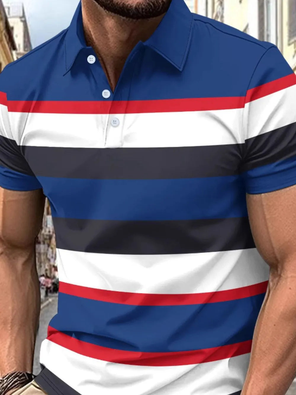 Men's Full Size Collared Short Sleeve Striped Polo Plus Size - Men's Polo shirt by Trendsi | Available at Handbags Specialist Headquarter