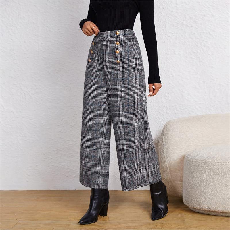 Plaid Breeze: Women's Wide-Leg Office Pants