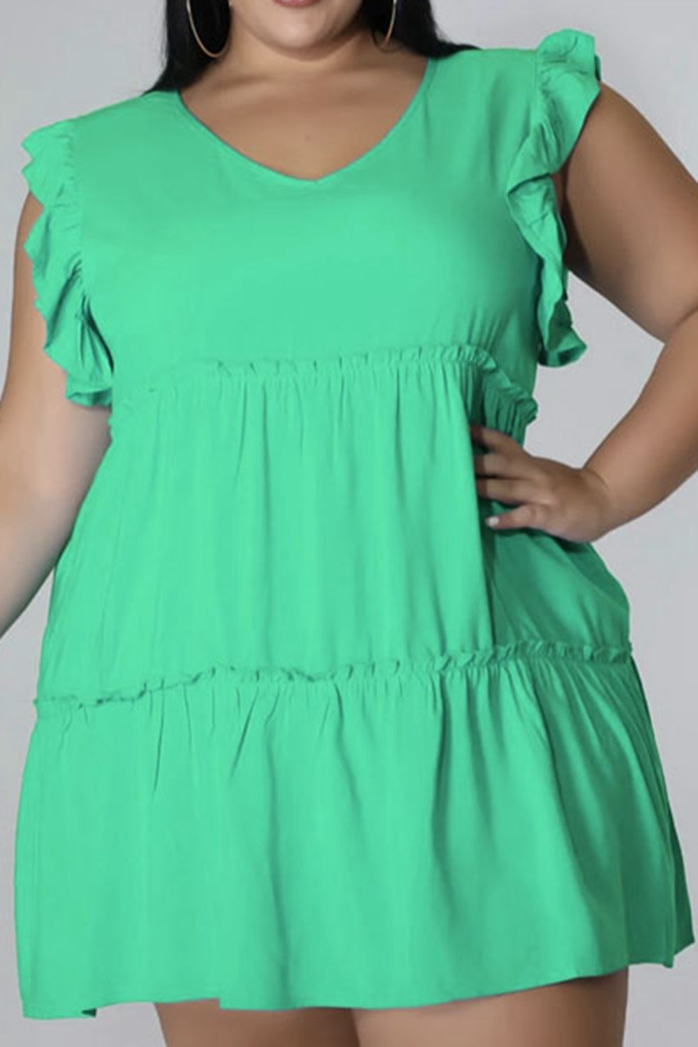 Plus Size V-Neck Frill Trim Mini Dress - Dresses by Trendsi | Available at Handbags Specialist Headquarter