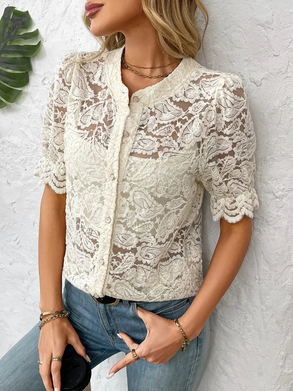 Button Down Half Sleeve Lace Shirt - Women's Down Shirt Tops by Trendsi | Available at Handbags Specialist Headquarter