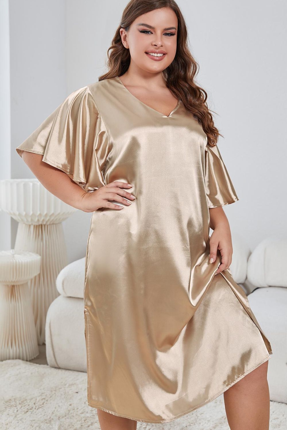 Plus Size Flutter Sleeve V-Neck Side Slit Night Gown - Sleepwear by Trendsi | Available at Handbags Specialist Headquarter