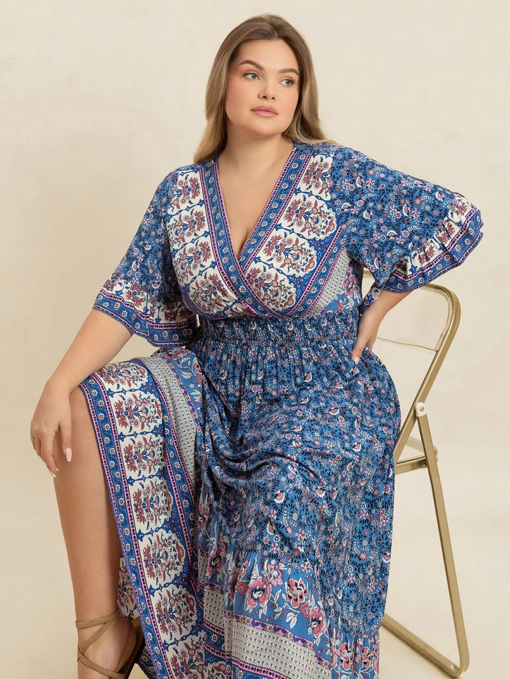 Plus Size Printed Surplice Half Sleeve Dress - Dresses by Trendsi | Available at Handbags Specialist Headquarter