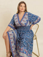 Plus Size Printed Surplice Half Sleeve Dress - Dresses by Trendsi | Available at Handbags Specialist Headquarter