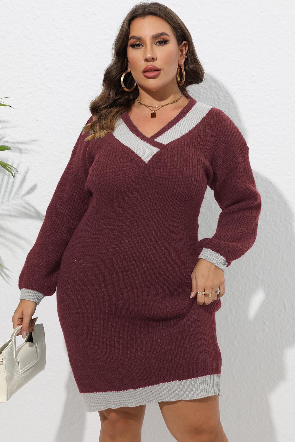 Plus Size Long Sleeve Sweater Dress - Dresses by Trendsi | Available at Handbags Specialist Headquarter