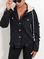 Distressed Drawstring Button Up Hooded Denim Jacket - Women / Jeans & Denim by Trendsi | Available at Handbags Specialist Headquarter