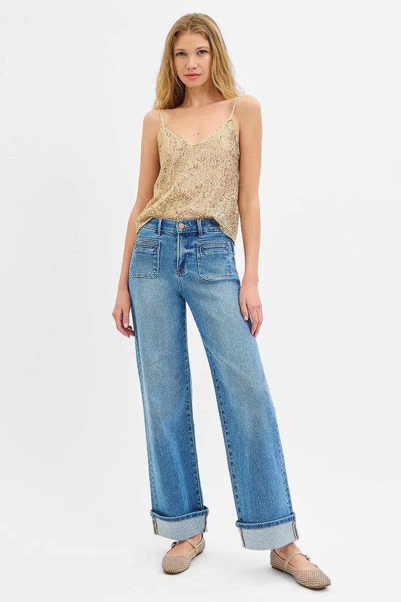 RISEN Full Size Elastic Band Mid Rise Wide Front Patch Pocket Cuff Jeans Plus Size - Women / Jeans & Denim by Trendsi | Available at Handbags Specialist Headquarter