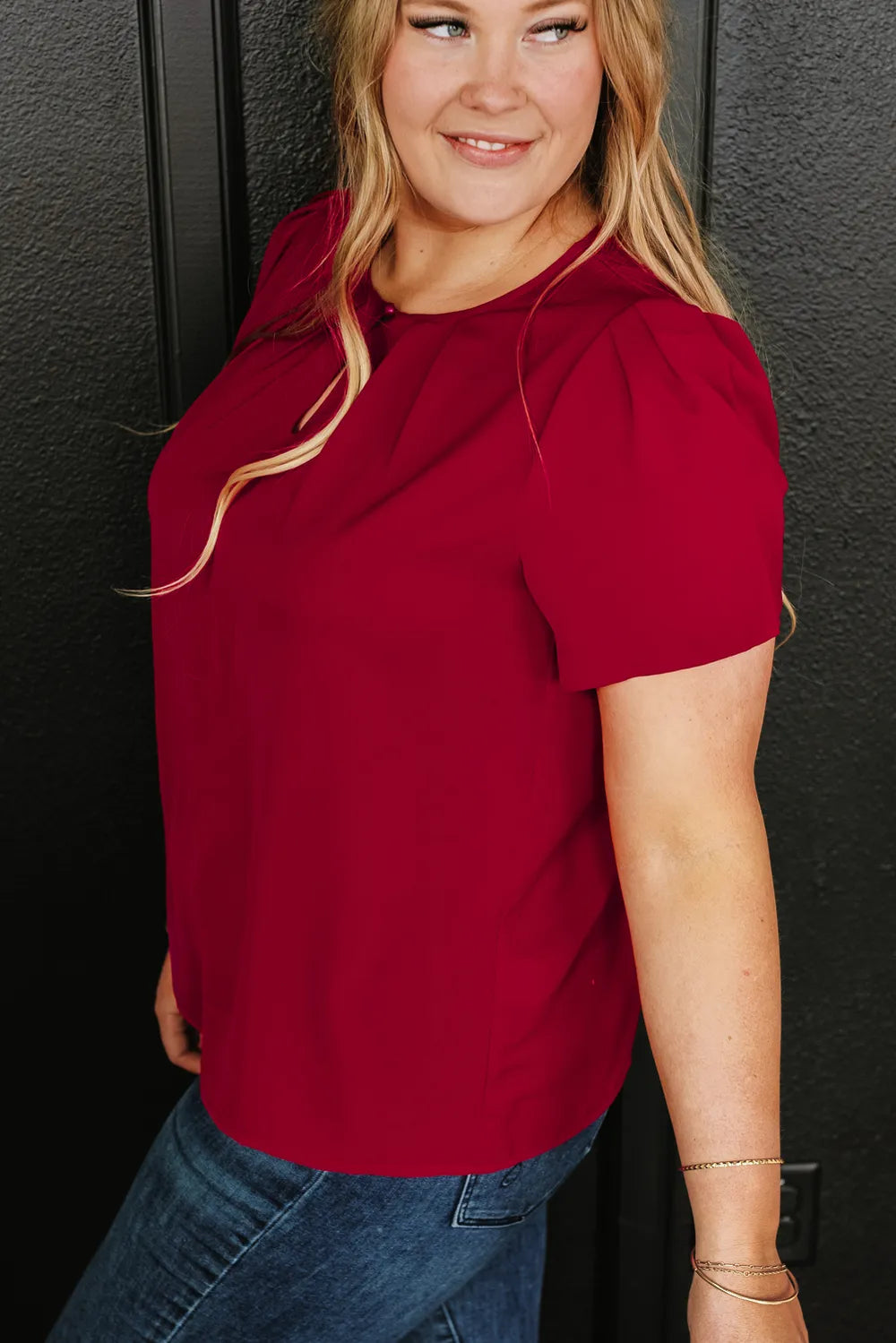 Plus Size Round Neck Short Sleeve Blouse - Plus Size Shirts by Trendsi | Available at Handbags Specialist Headquarter