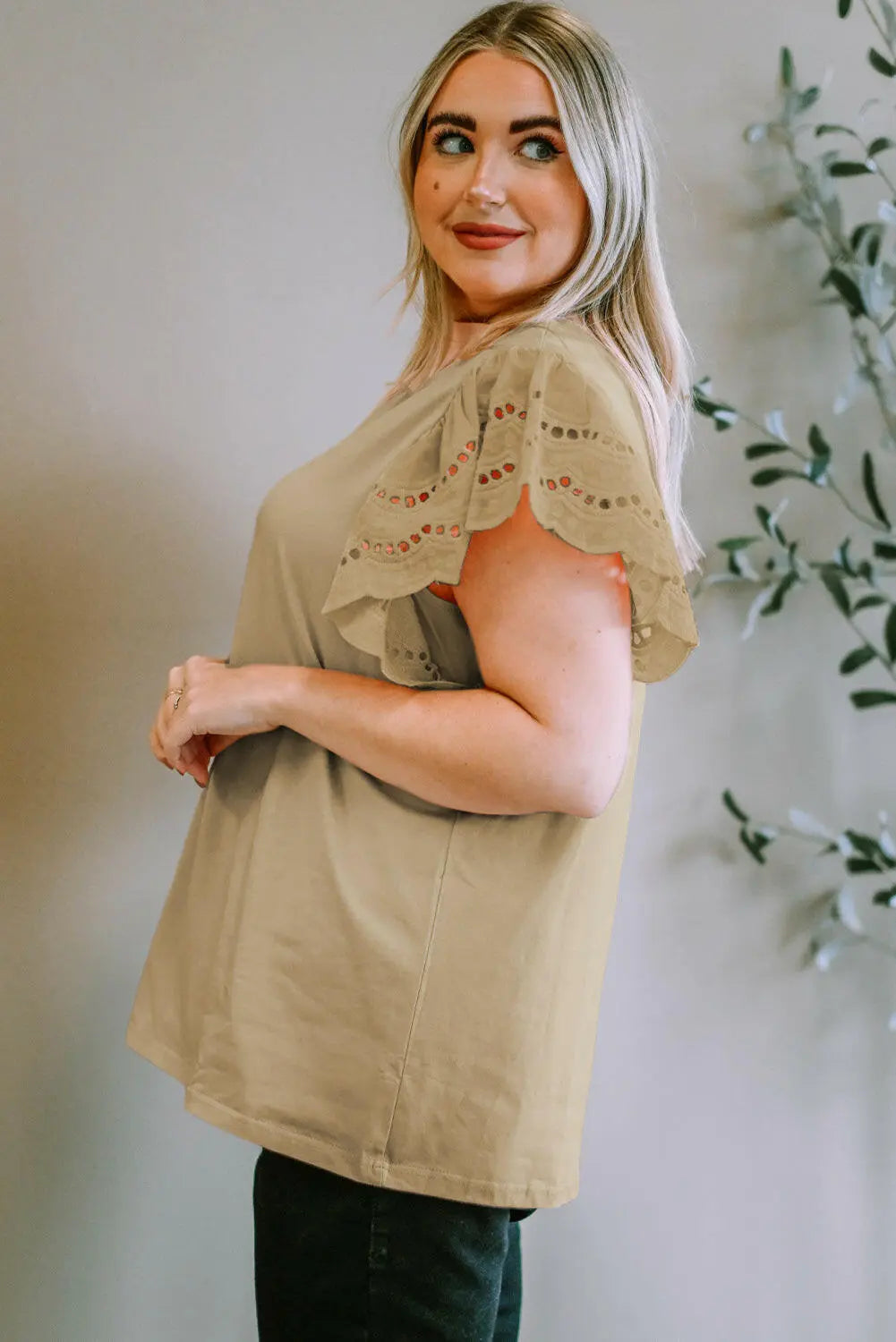 Plus Size Eyelet Round Neck Short Sleeve Blouse - Women Plus Size by Trendsi | Available at Handbags Specialist Headquarter