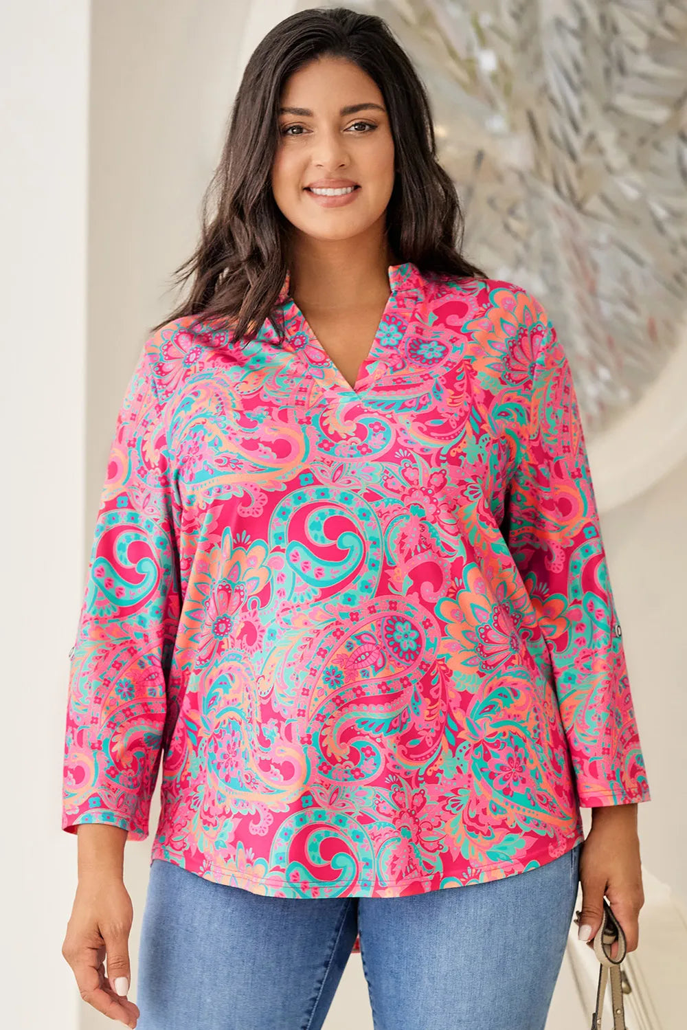 Plus Size Printed Notched Long Sleeve Blouse - Plus Size Shirts by Trendsi | Available at Handbags Specialist Headquarter