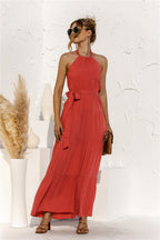Halter Neck Tie Waist Tiered Maxi Dress - Maxi Dress by Trendsi | Available at Handbags Specialist Headquarter
