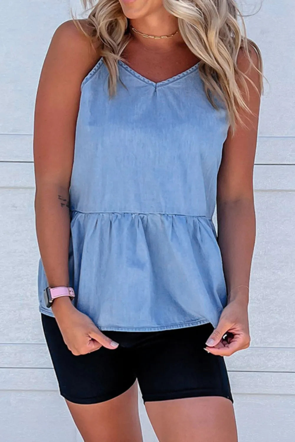 Ruffled Spaghetti Straps Denim Tank Top - Women / Jeans & Denim by Trendsi | Available at Handbags Specialist Headquarter