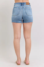 Judy Blue Full Size High Waist Denim Shorts W/stitch Over Destroy Detail Plus Size - Women / Jeans & Denim by Trendsi | Available at Handbags Specialist Headquarter