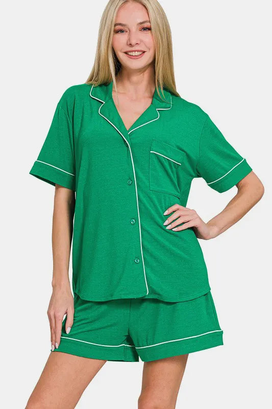 Zenana Button Down Short Sleeve Top and Shorts Lounge Set - Sleepwear by Trendsi | Available at Handbags Specialist Headquarter