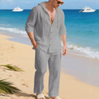 BreezeLuxe Linen Hooded Casual Set – Shirt & Pants