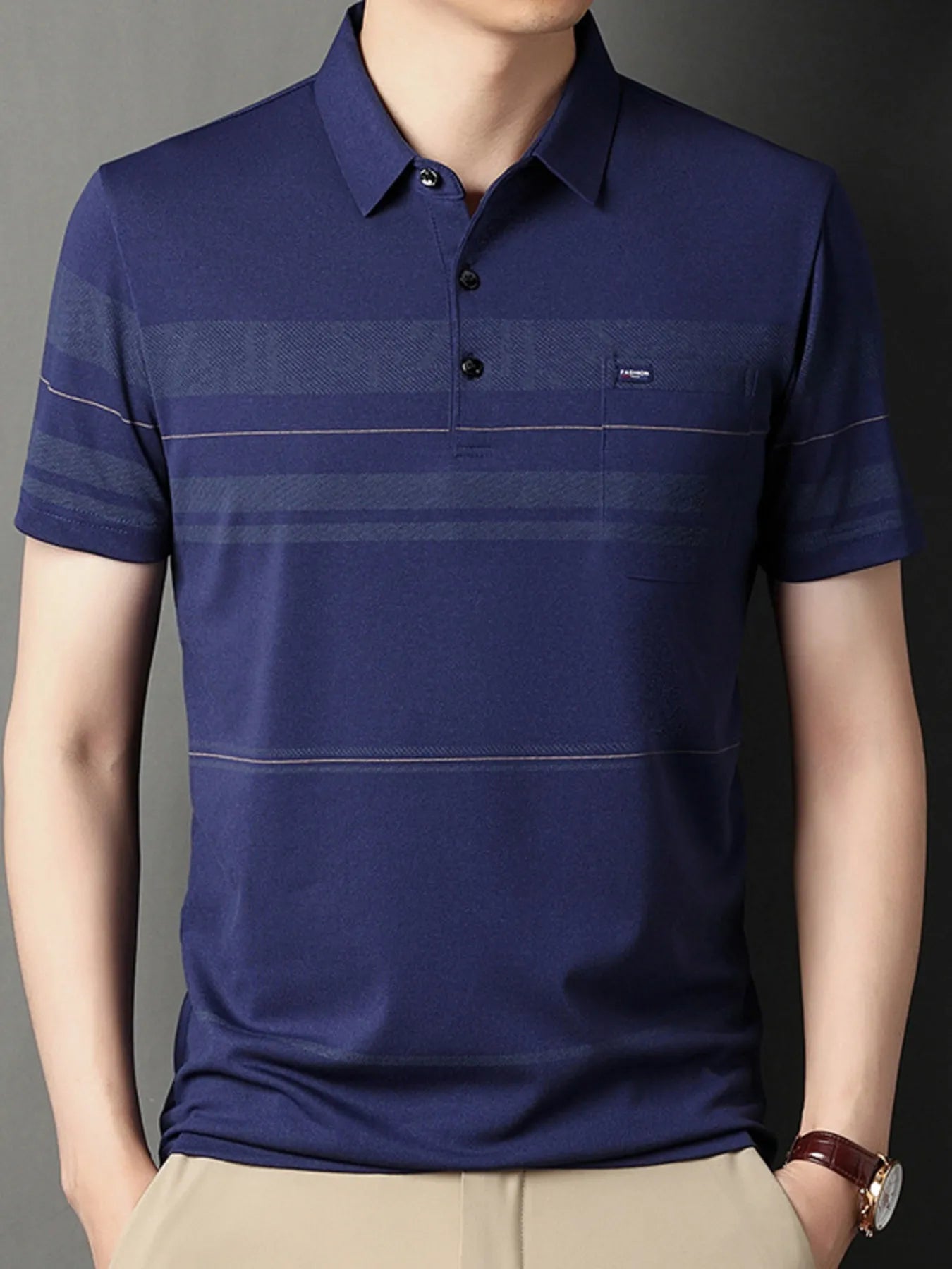 Men's Plus Size Classic Striped Business Casual Polo Shirt - Men's Polo shirt by Trendsi | Available at Handbags Specialist Headquarter