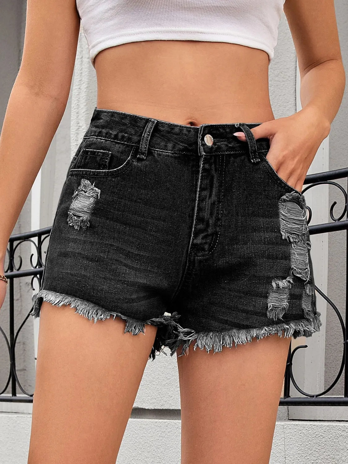 Distressed Raw Hem Denim Shorts - Women / Jeans & Denim by Trendsi | Available at Handbags Specialist Headquarter