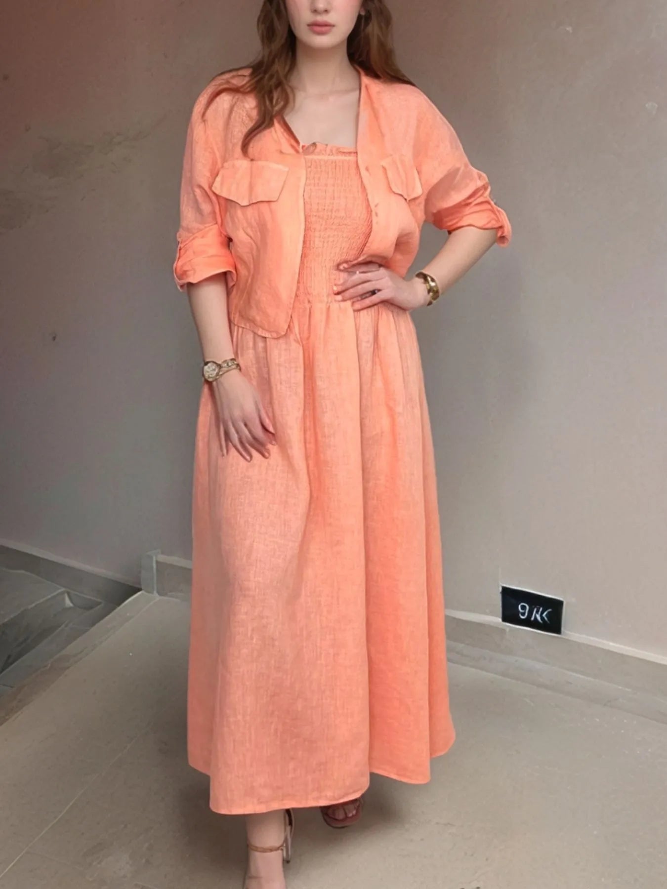 Full Size Smocked Cami Dress and Jacket Set Plus Size - Dresses by Trendsi | Available at Handbags Specialist Headquarter