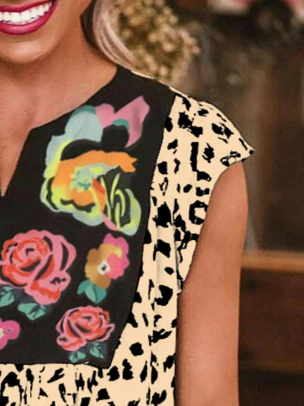 Full Size Leopard Floral Notched Cap Sleeve Blouse Plus Size - Women Plus Size by Trendsi | Available at Handbags Specialist Headquarter