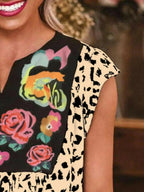 Full Size Leopard Floral Notched Cap Sleeve Blouse Plus Size - Women Plus Size by Trendsi | Available at Handbags Specialist Headquarter