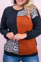 Plus Size Waffle-Knit Leopard Round Neck Blouse - Plus Size Shirts by Trendsi | Available at Handbags Specialist Headquarter