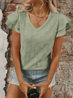Eyelet V-Neck Ruffled Cap Sleeve Top - Tops by Trendsi | Available at Handbags Specialist Headquarter