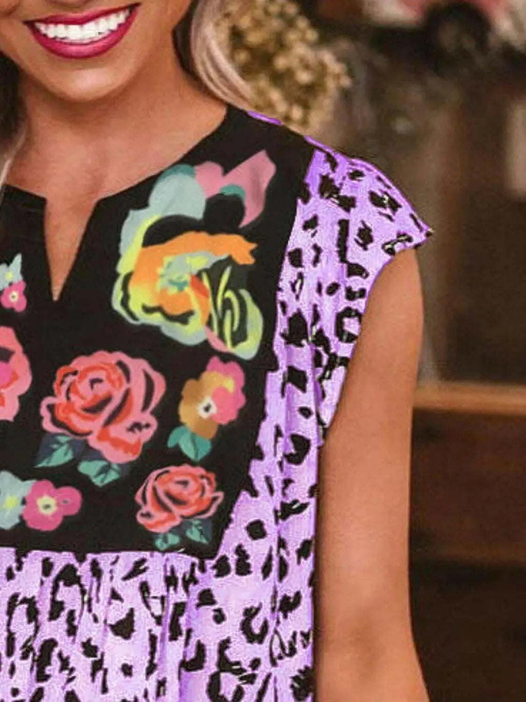 Full Size Leopard Floral Notched Cap Sleeve Blouse Plus Size - Women Plus Size by Trendsi | Available at Handbags Specialist Headquarter