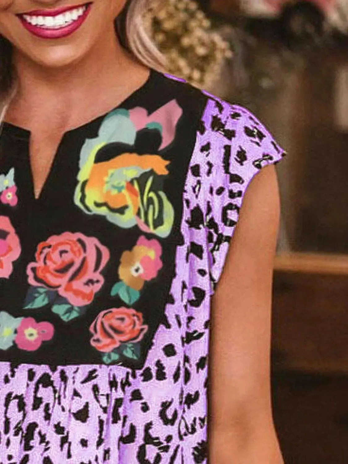 Full Size Leopard Floral Notched Cap Sleeve Blouse Plus Size - Women Plus Size by Trendsi | Available at Handbags Specialist Headquarter