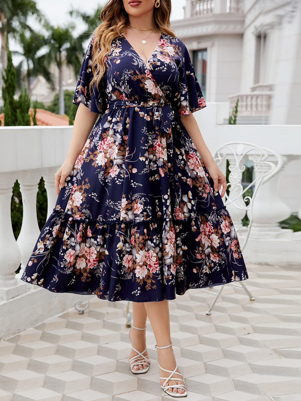 Honey Plus Size Floral Surplice Neck Midi Dress - Dresses by Trendsi | Available at Handbags Specialist Headquarter