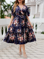 Honey Plus Size Floral Surplice Neck Midi Dress - Dresses by Trendsi | Available at Handbags Specialist Headquarter