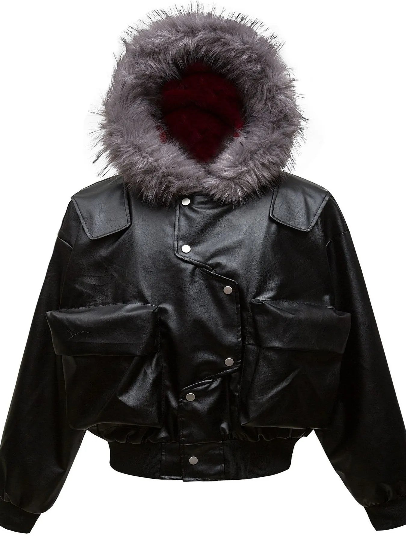 Men's Leather Bomber Jacket with Faux Fur Hood - Men's jackets by Trendsi | Available at Handbags Specialist Headquarter