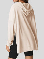 Slit Drawstring Waffle Knit Hoodie - Tops by Trendsi | Available at Handbags Specialist Headquarter
