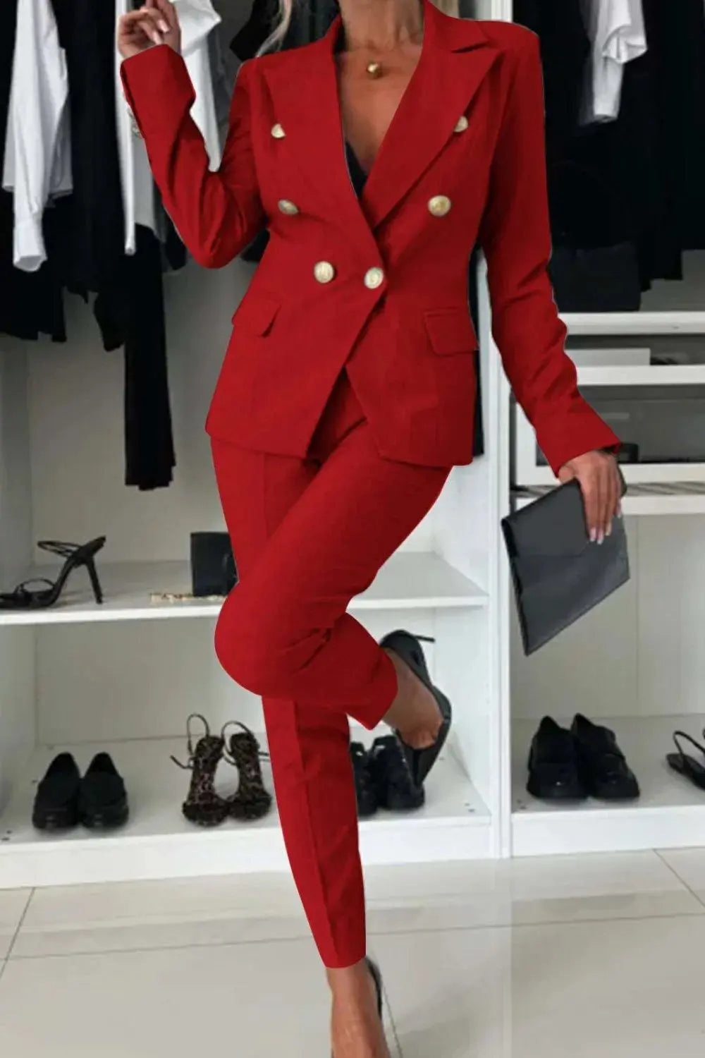 Full Size Lapel Collar Long Sleeve Blazer and Pants Set Plus Size - Women Plus Size by Trendsi | Available at Handbags Specialist Headquarter