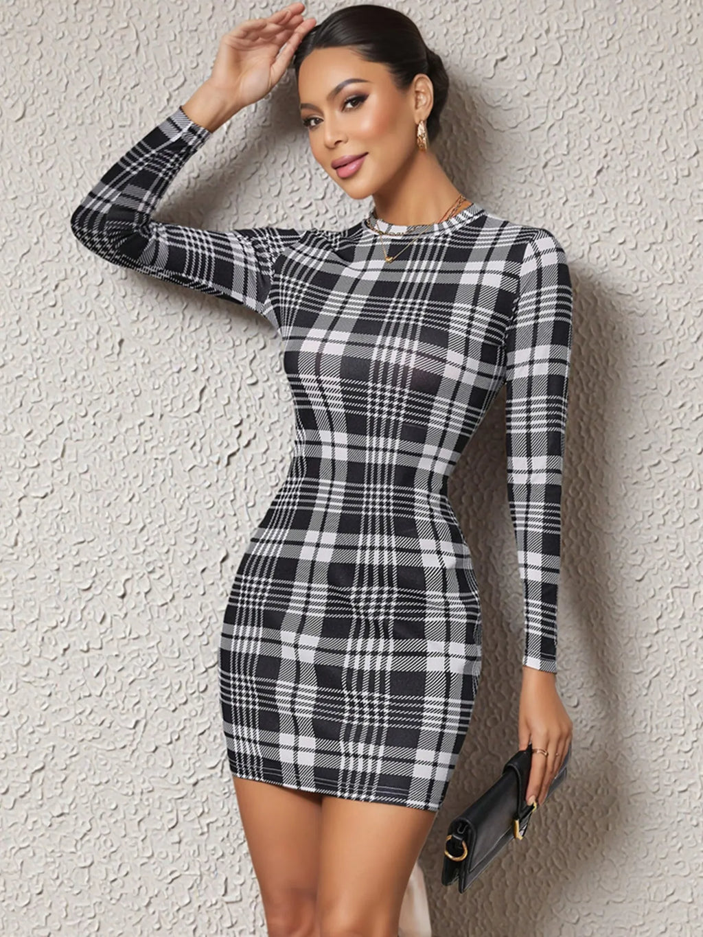 Long Sleeve Plaid Bodycon Mini Dress - Maxi Dress by Trendsi | Available at Handbags Specialist Headquarter