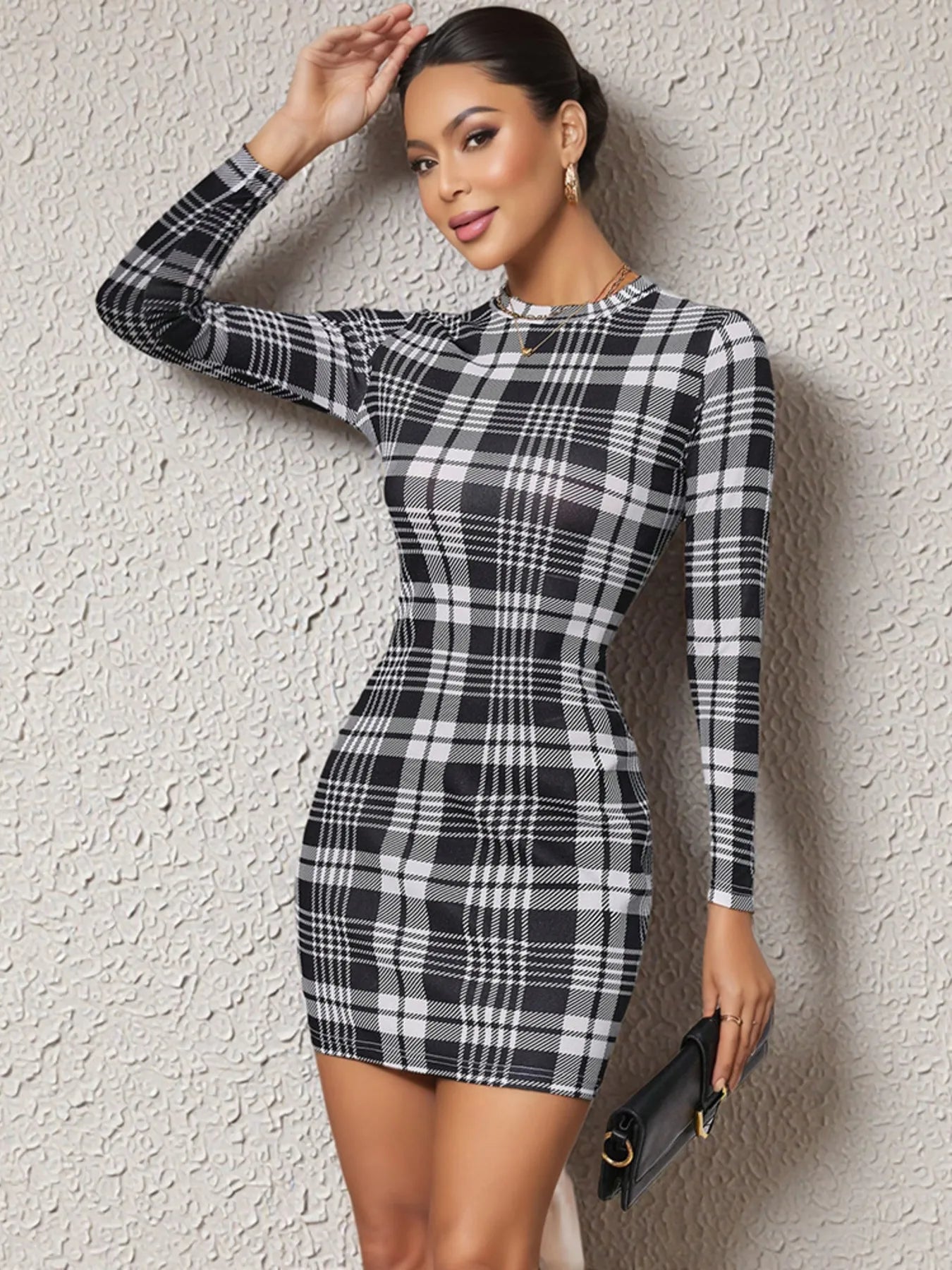 Long Sleeve Plaid Bodycon Mini Dress - Maxi Dress by Trendsi | Available at Handbags Specialist Headquarter
