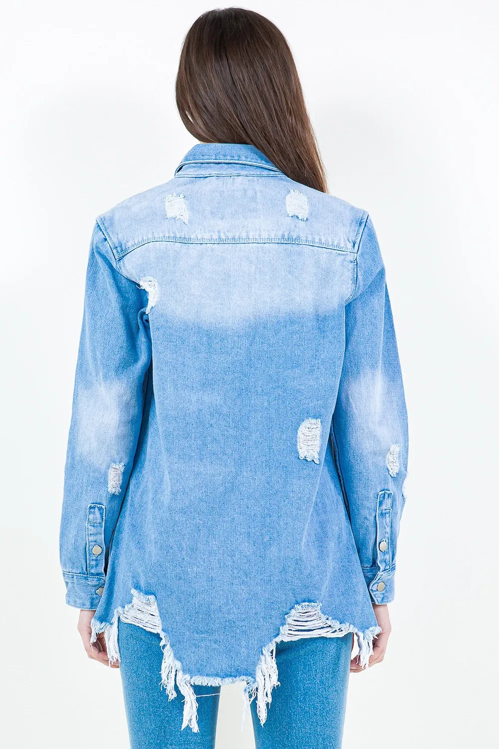 American Bazi Frayed Hem Distressed Denim Shirt Jacket - Women / Jeans & Denim by Trendsi | Available at Handbags Specialist Headquarter