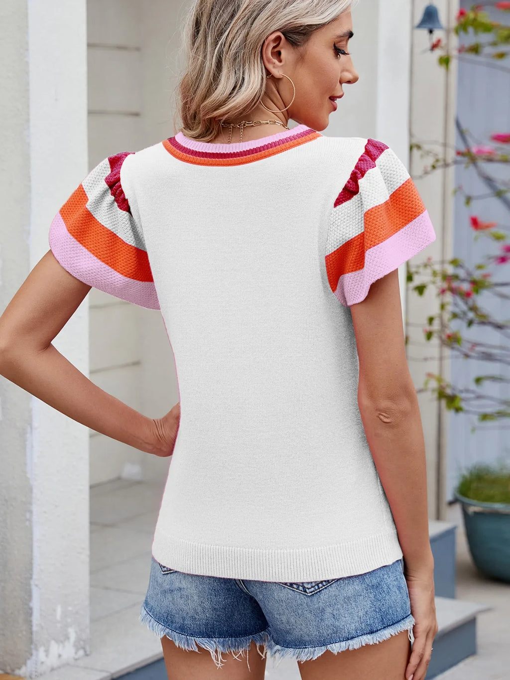 Colorblock Striped Short Sleeve Sweater - Tops by Trendsi | Available at Handbags Specialist Headquarter