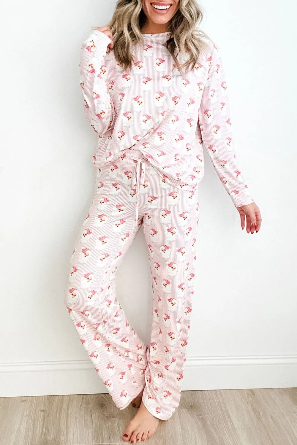 Santa Print Long Sleeve Top and Pants Lounge Set - Sleepwear by Trendsi | Available at Handbags Specialist Headquarter