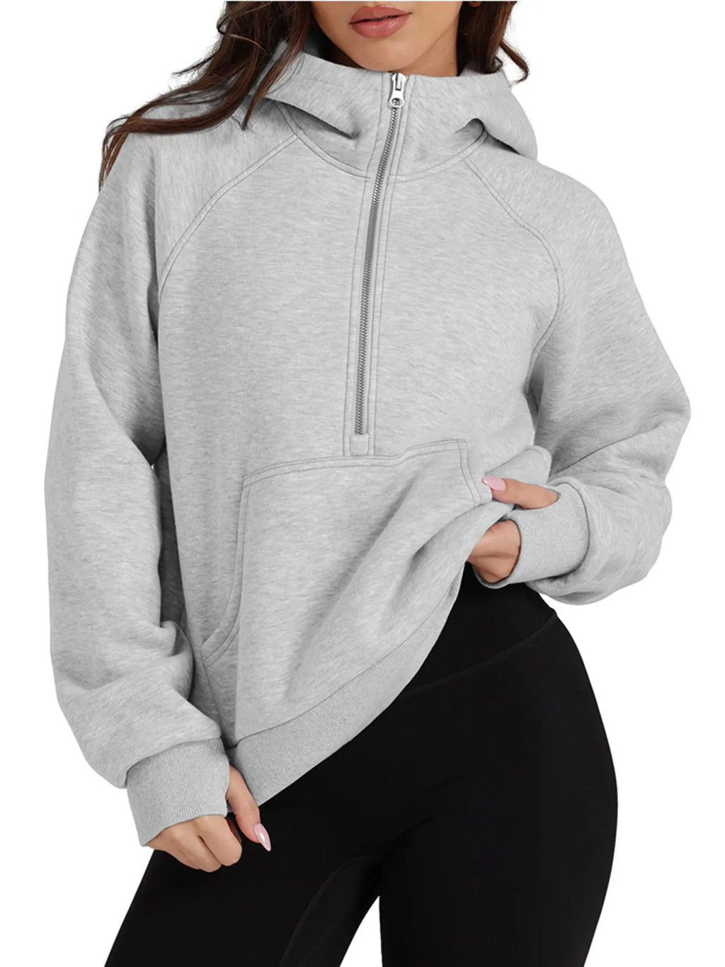 Half-Zip Hoodie with Kangaroo Pocket - Tops by Trendsi | Available at Handbags Specialist Headquarter
