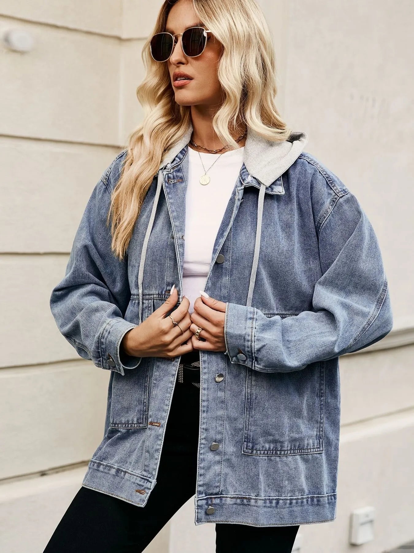 Oversized Button Up Denim Jacket with Hood - Tops by Trendsi | Available at Handbags Specialist Headquarter