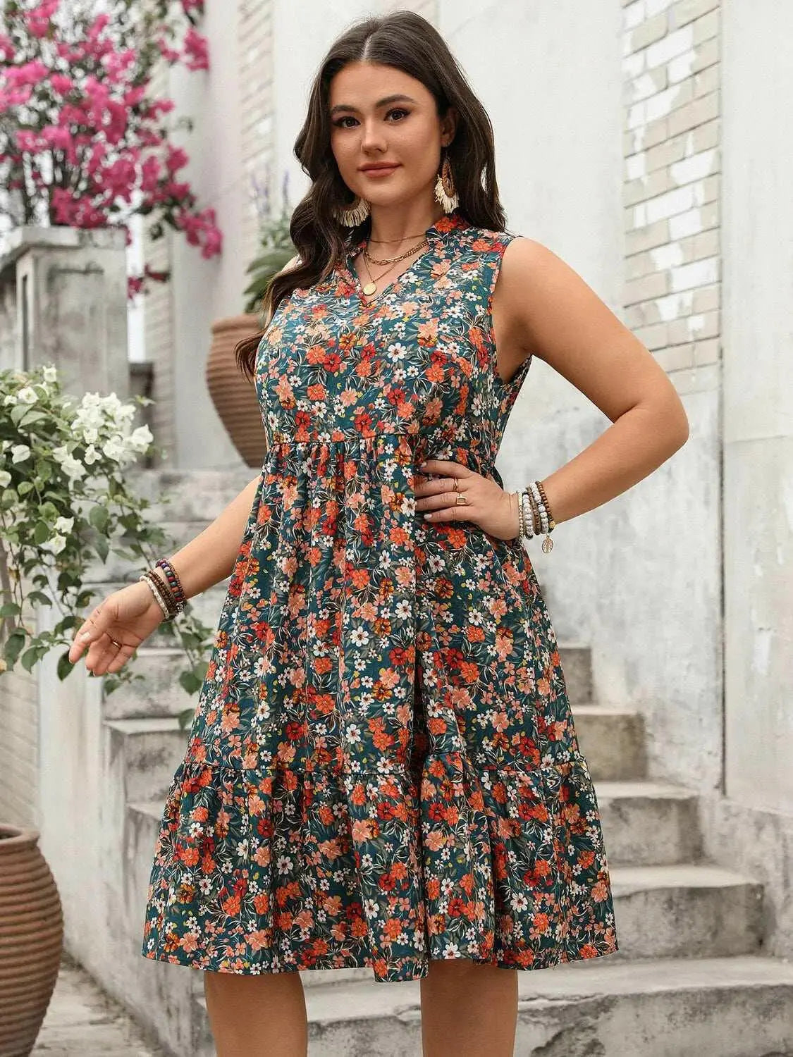 Plus Size Floral Notched Sleeveless Dress - Women Plus Size by Trendsi | Available at Handbags Specialist Headquarter