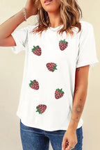 Sequin Strawberry Crew Neck Short Sleeve T Shirt - Tops by Trendsi | Available at Handbags Specialist Headquarter