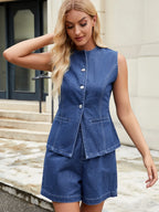 Button-Front Denim Vest Top - Women / Jeans & Denim by Trendsi | Available at Handbags Specialist Headquarter