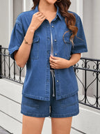 Casual Drop Shoulder Denim Shirt & Shorts Set - Women / Jeans & Denim by Trendsi | Available at Handbags Specialist Headquarter