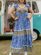 Plus Size Smocked Printed Cap Sleeve Dress - Dresses by Trendsi | Available at Handbags Specialist Headquarter