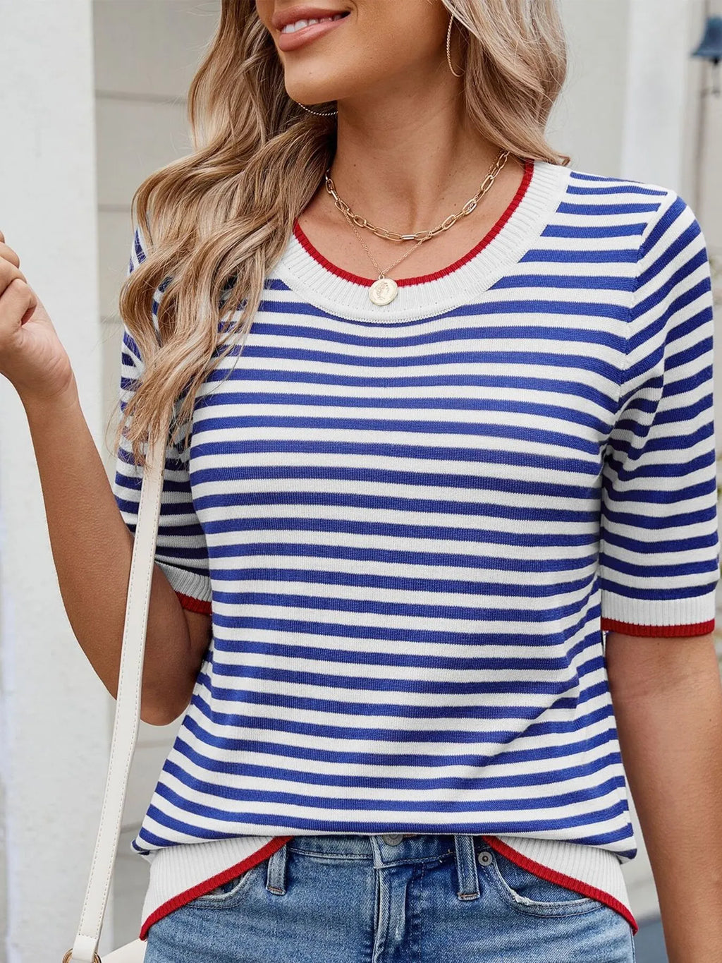 Striped Casual T-Shirt with Contrast Trim - Tops by Trendsi | Available at Handbags Specialist Headquarter